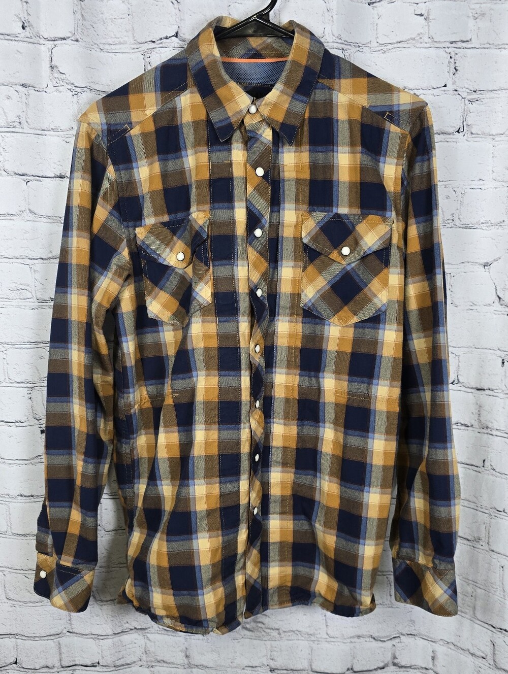 5.11 Men's Plaid Pearl Snap Button-Up Shirt in Yellow and Navy Size Small